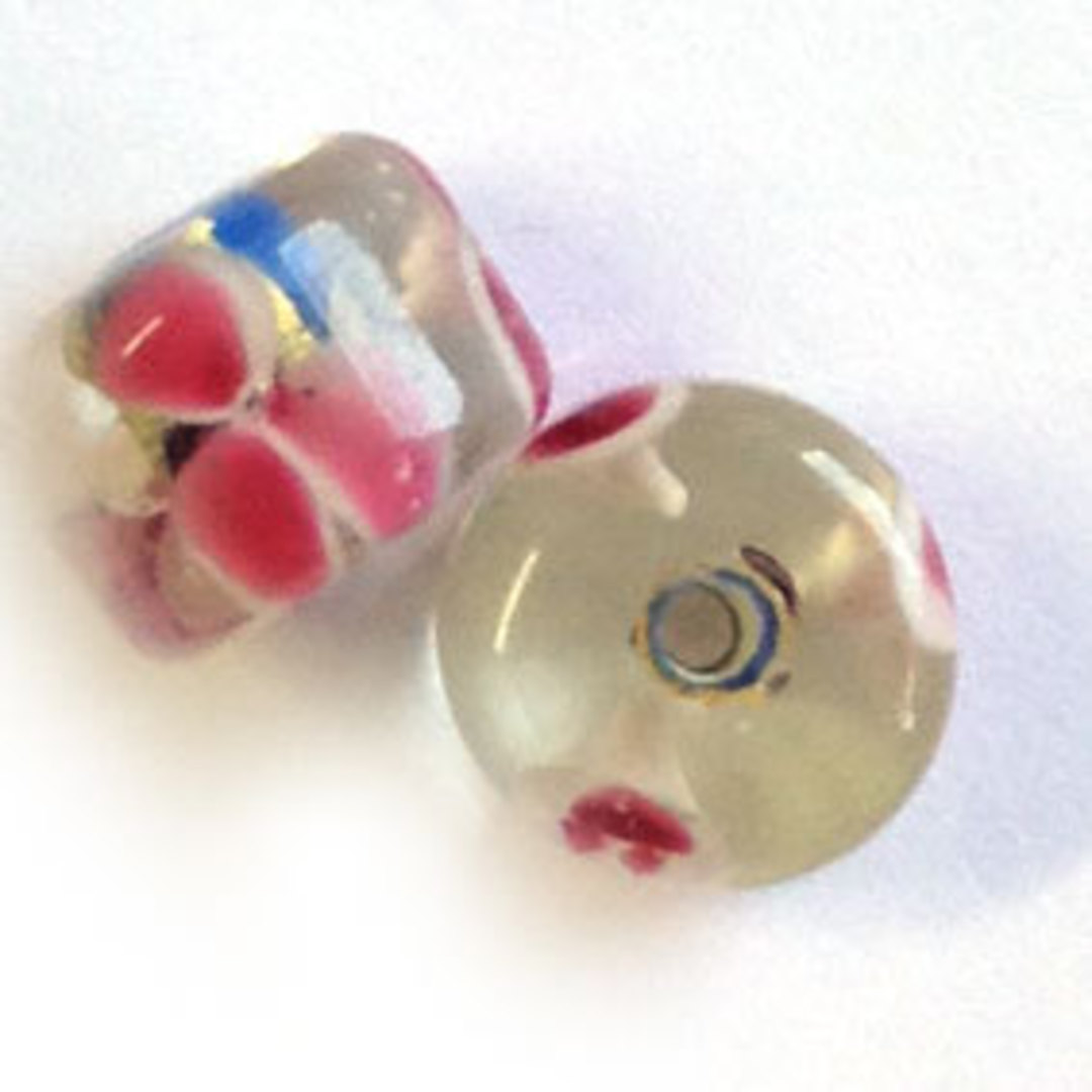Chinese Lampwork Barrel (9mm x 12mm): Transparent, blue and gold foil core, pink flowers image 0