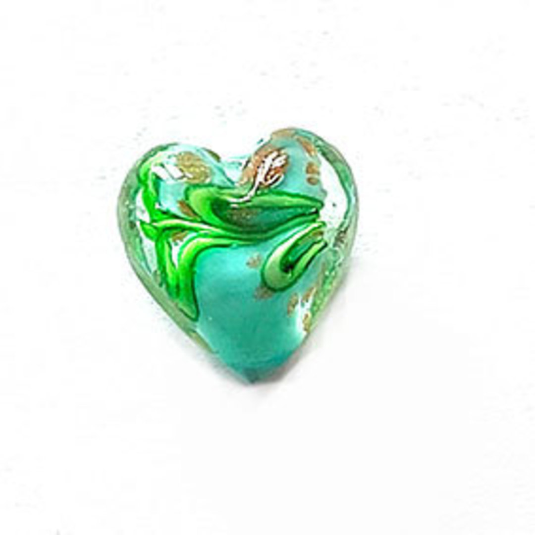 Chinese lampwork heart:12mm -  transparent with aqua core and green/gilt swirls image 0