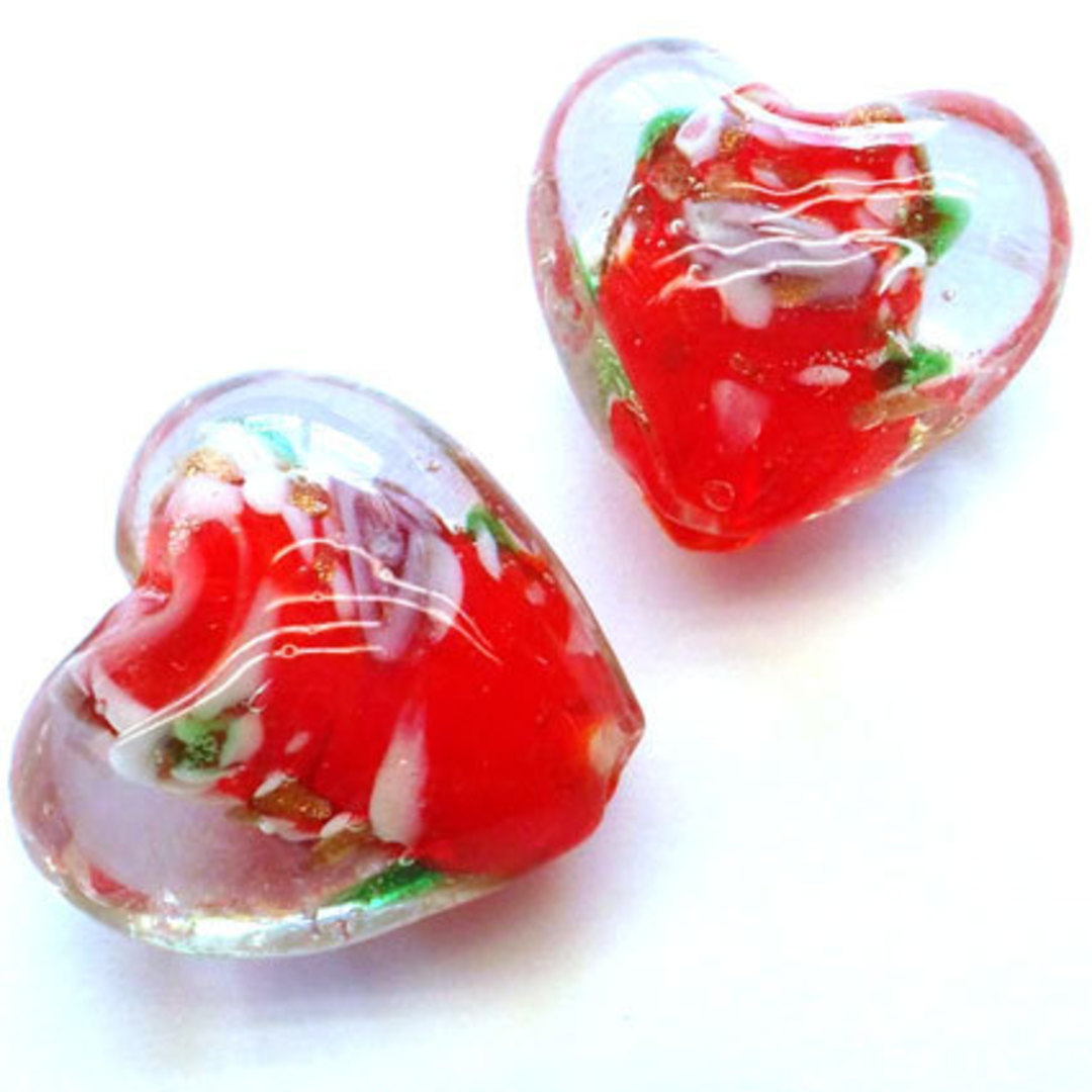 Chinese lampwork heart, clear with red core and pink flowers image 0