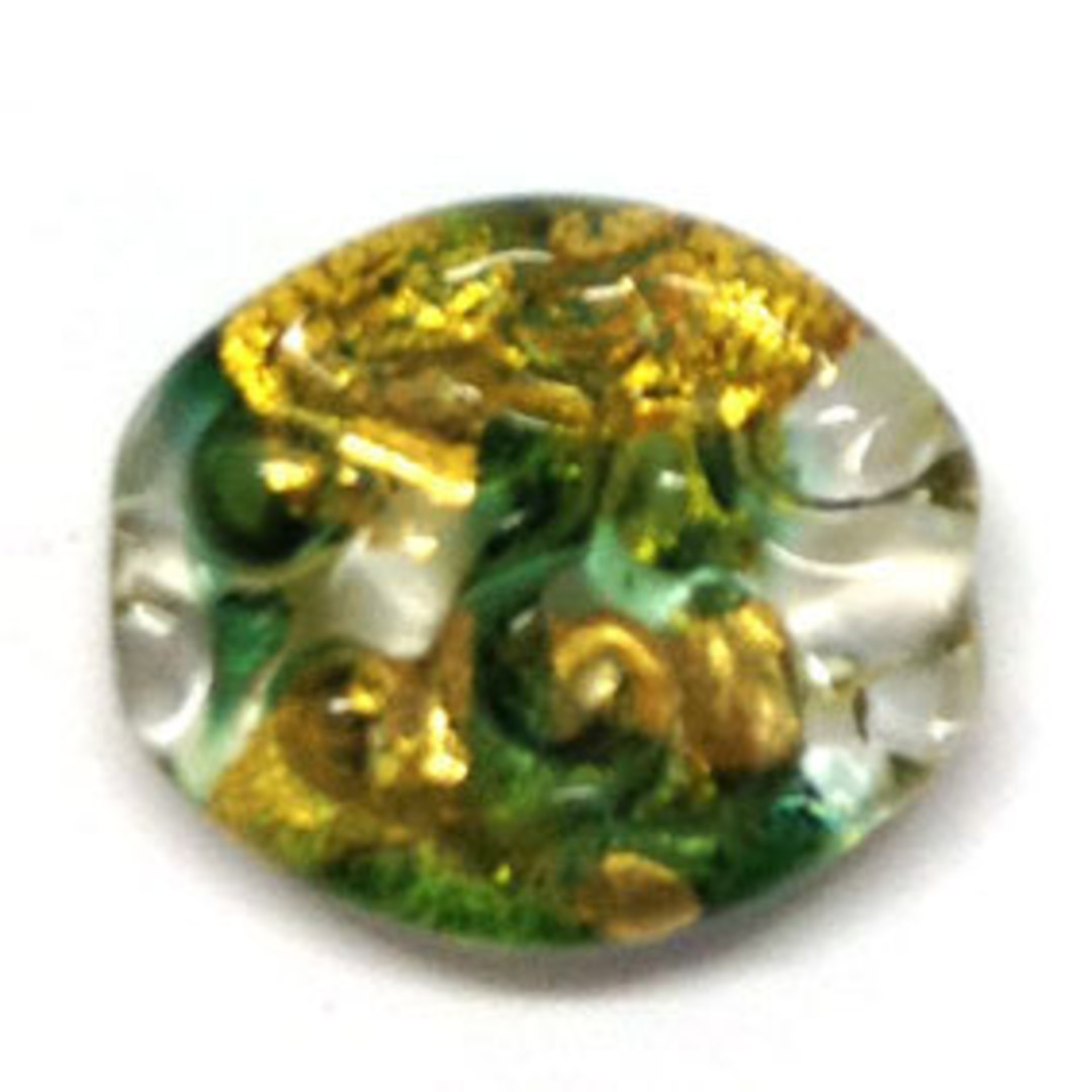 Czech Lampwork Oval (19 x 22mm): Transparent with gold and green foil, swirl imprints image 0