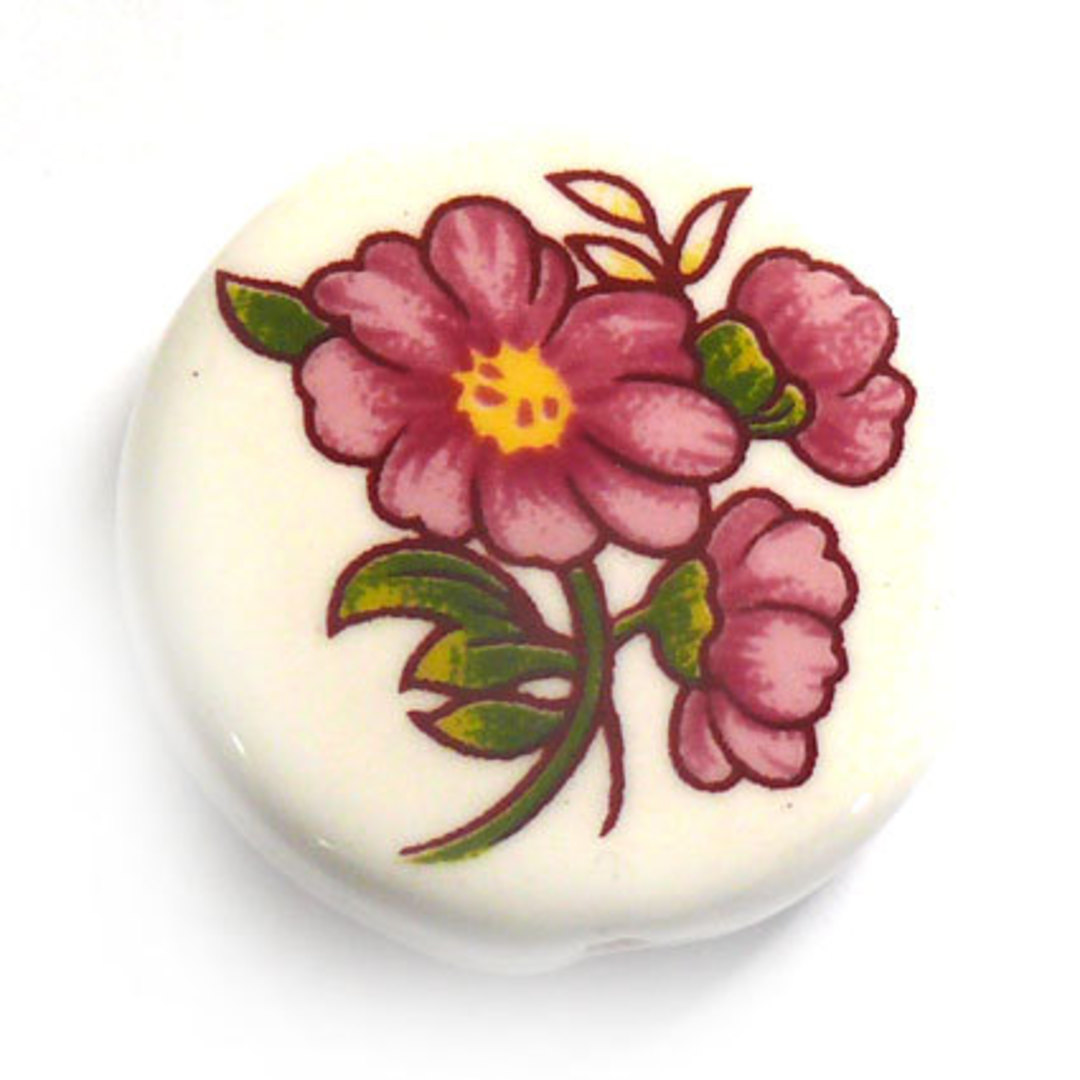 Porcelain Flat Disc, 25mm, pink flower image 0