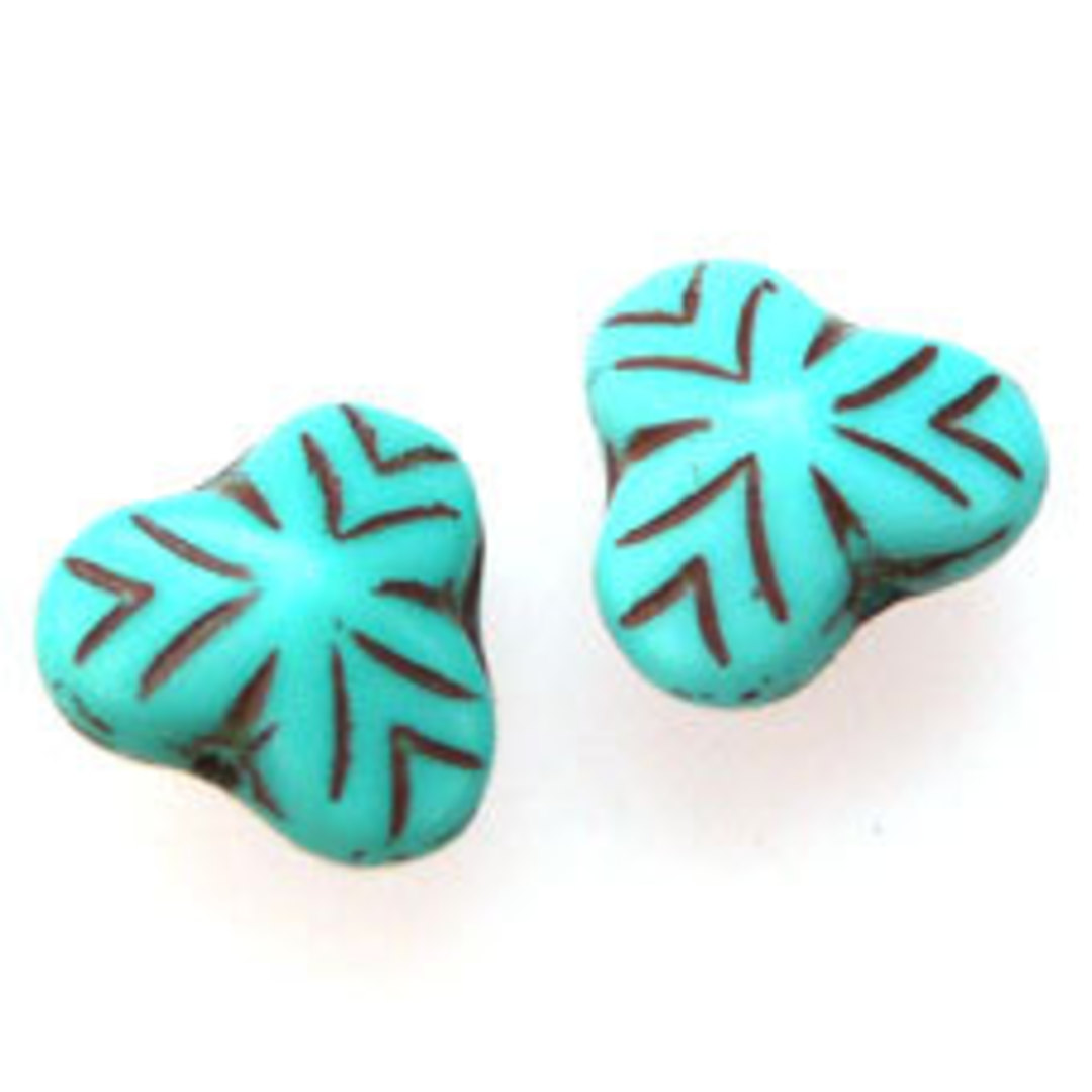 Fine Tri Flower, 9mm - Turquoise opaque, brown lines image 0