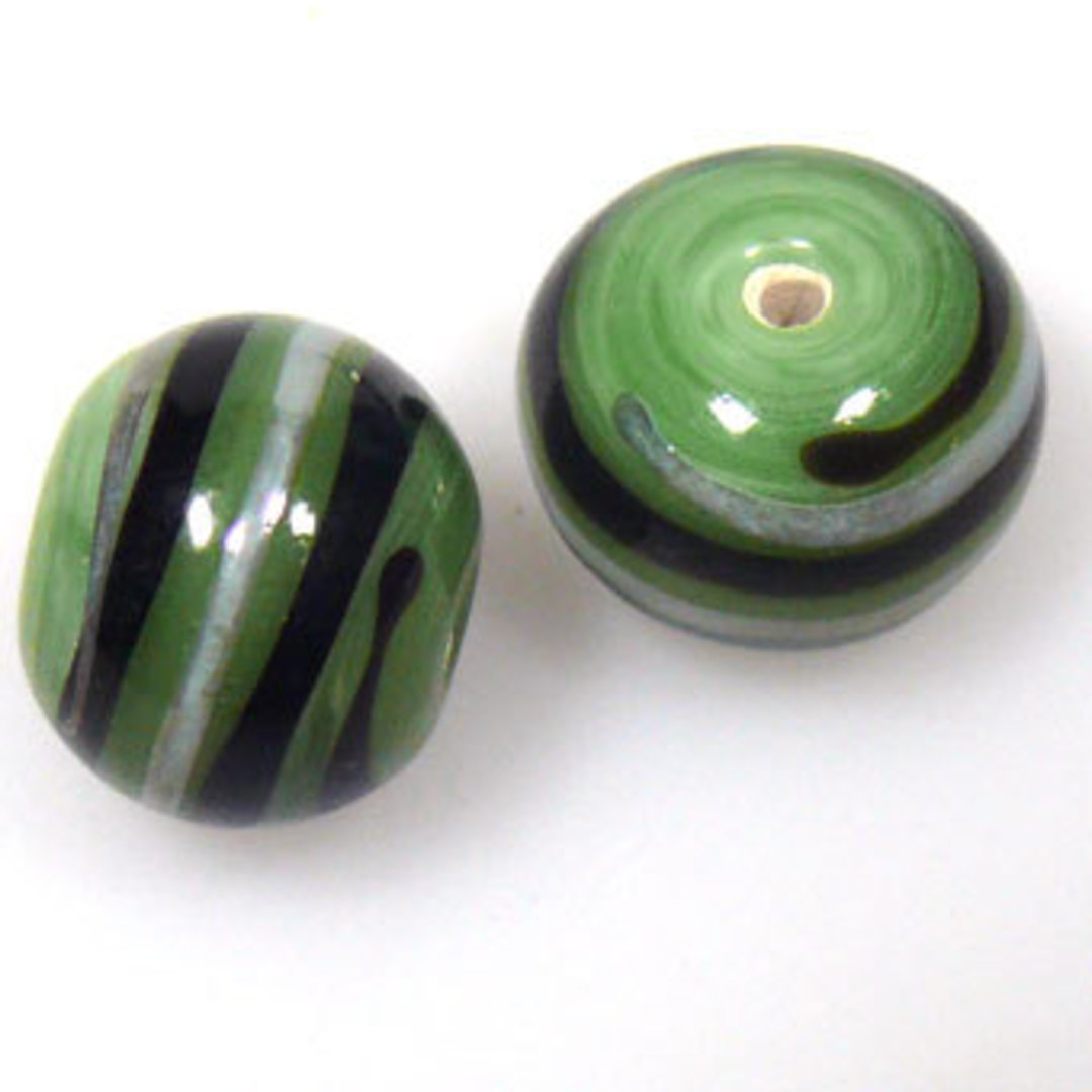Indian Lampwork Bead (14mm): Opaque light green, black and silvery grey lines image 0