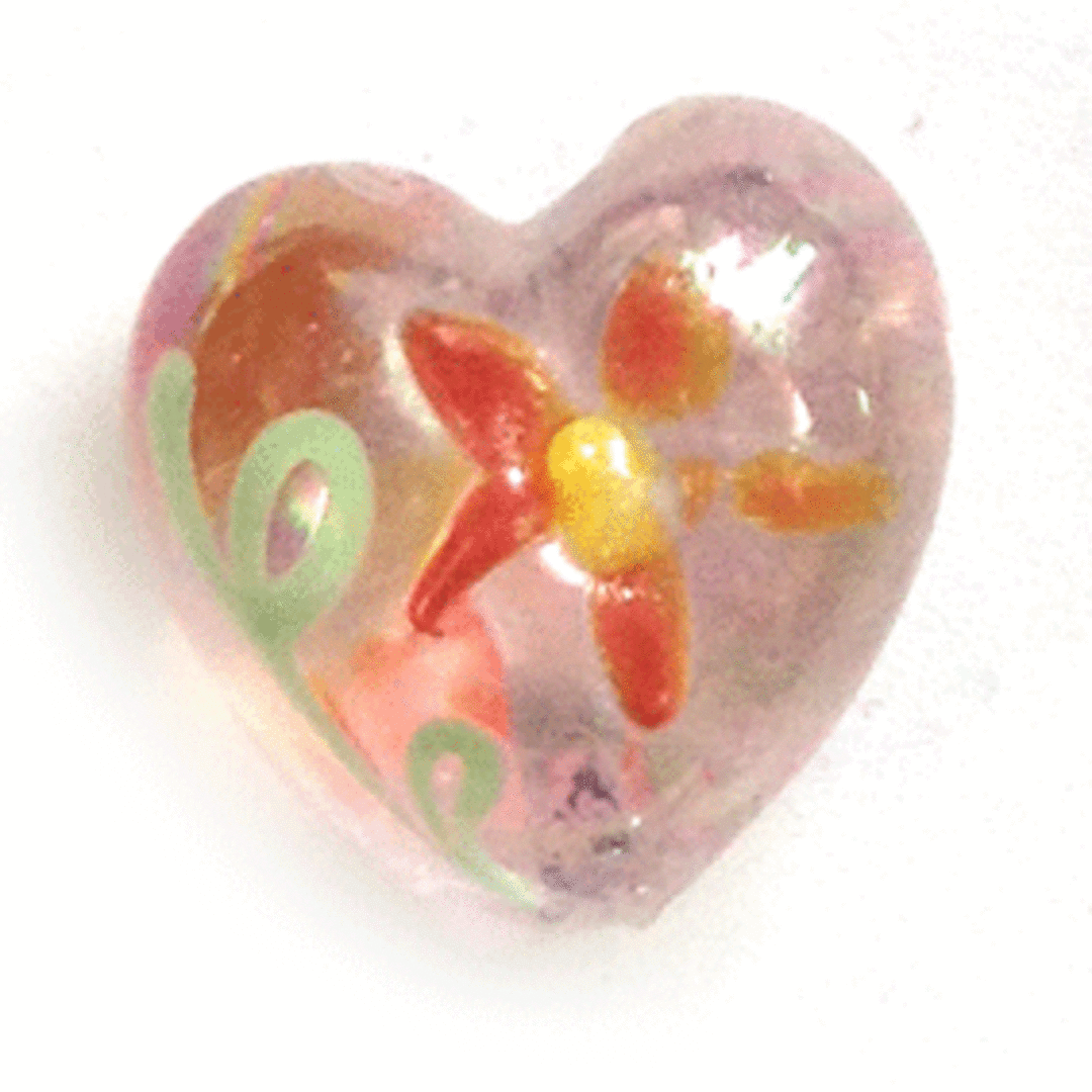 Chinese lampwork heart, transparent shiny pink with  red flowers image 0