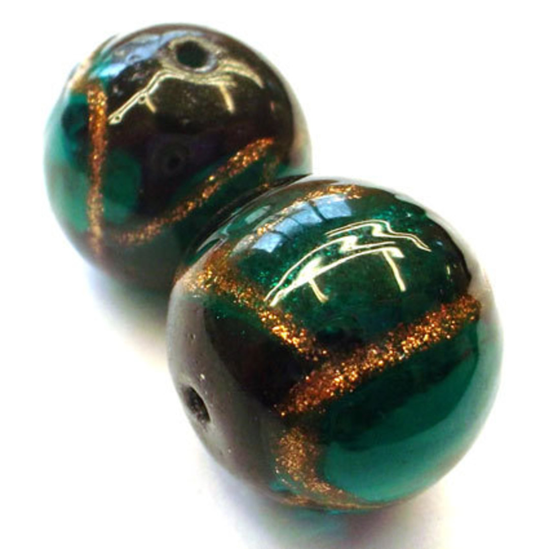 Chinese Lampwork Bead (14mm): Dark emerald, gold/black markings image 0