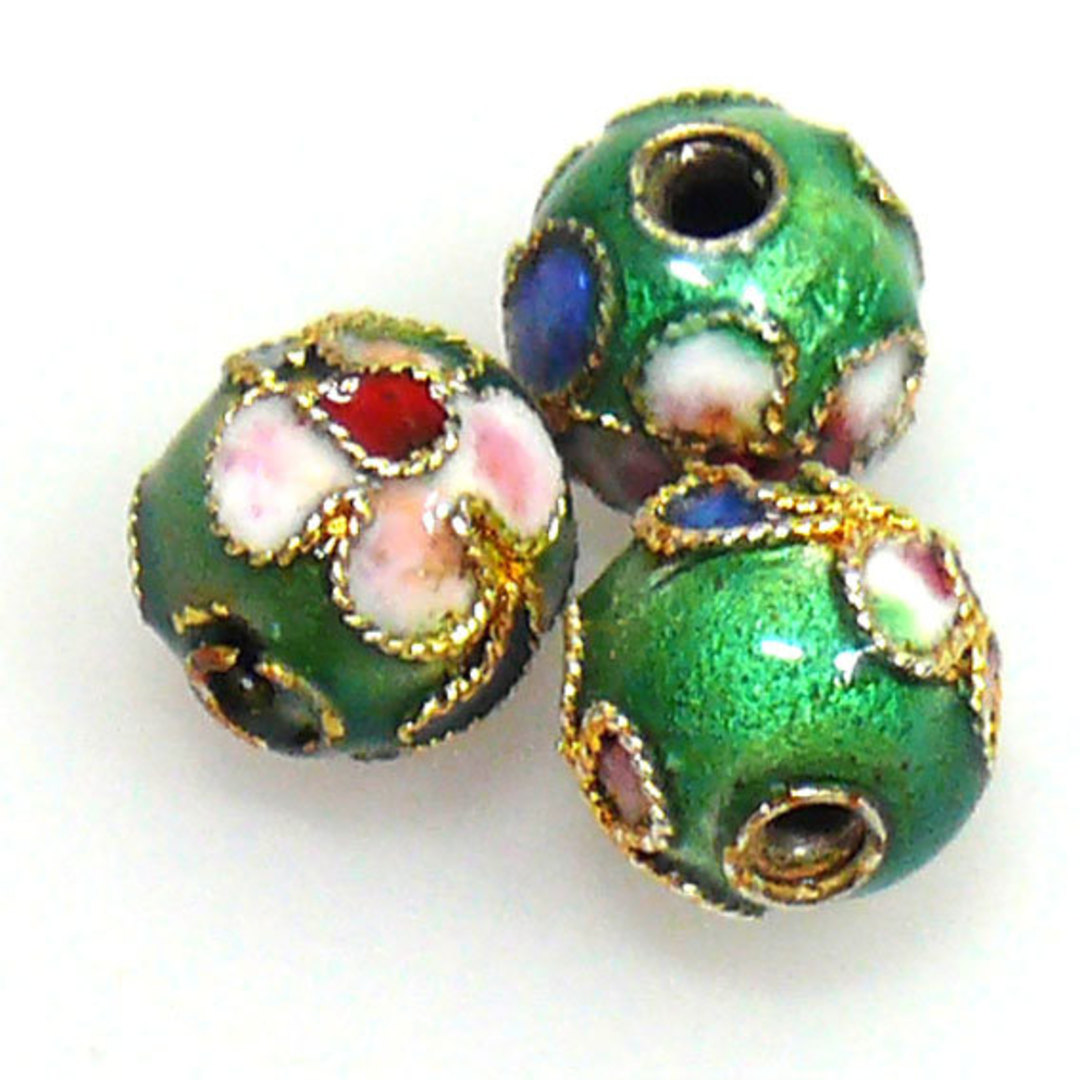 Cloisonne Bead, 8mm round, Green with floral decoration image 0