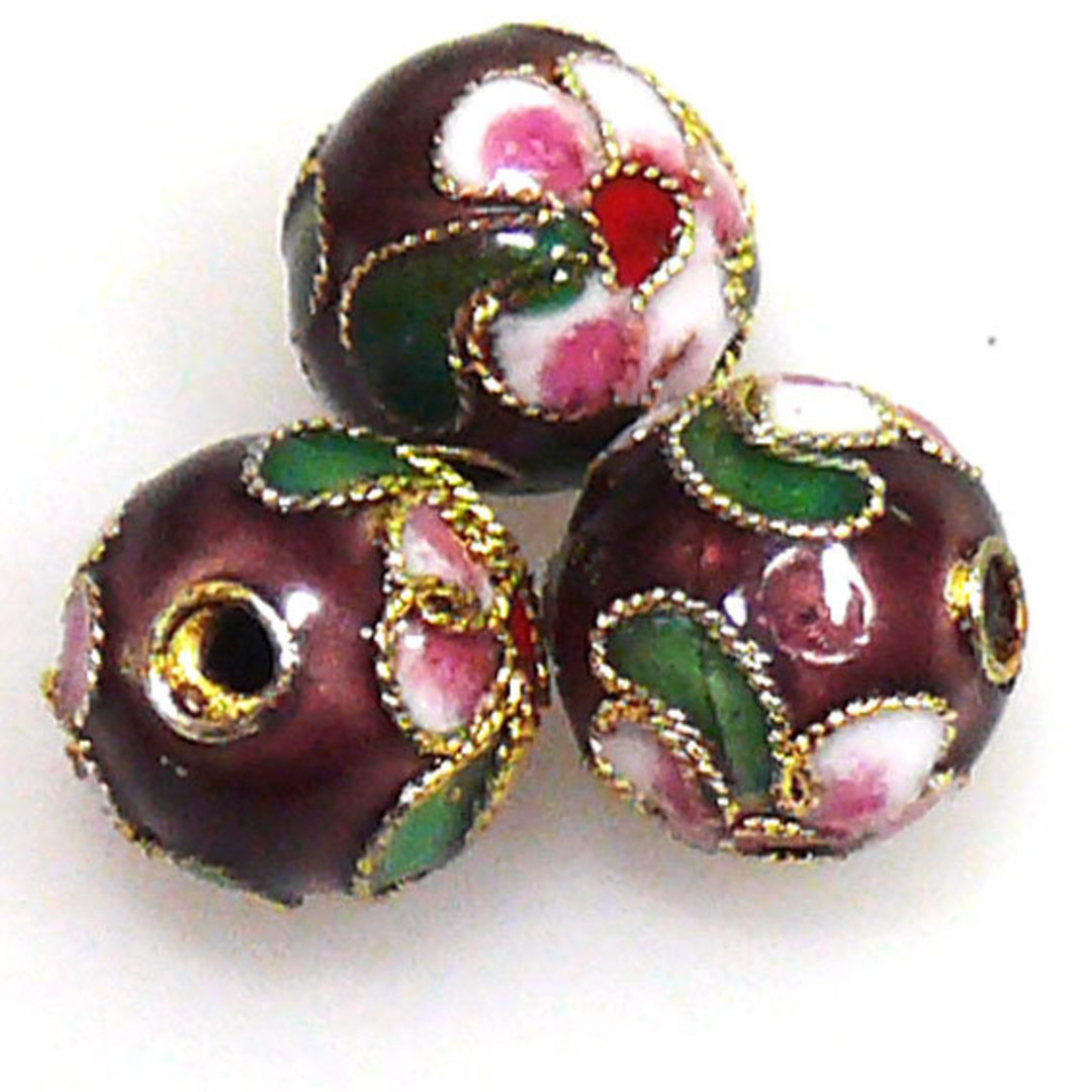 Cloisonne Bead, 10mm round, Purple with floral decoration image 0