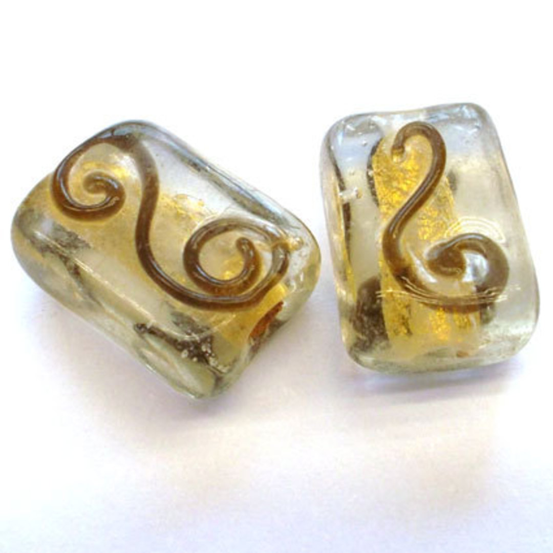 Chinese Lampwork Rectangle (10mm x 15mm): Clear with gold foil and brown spiral image 0