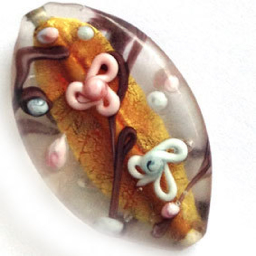 Chinese Lampwork Oval (22 x 34mm): Transparent, gold foil and amber core, pink and blue flowers image 0