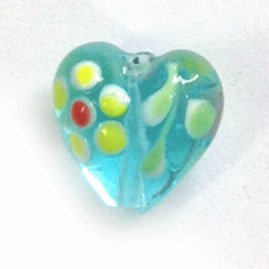 Chinese lampwork heart, transparent light aqua with yellow flowers image 0