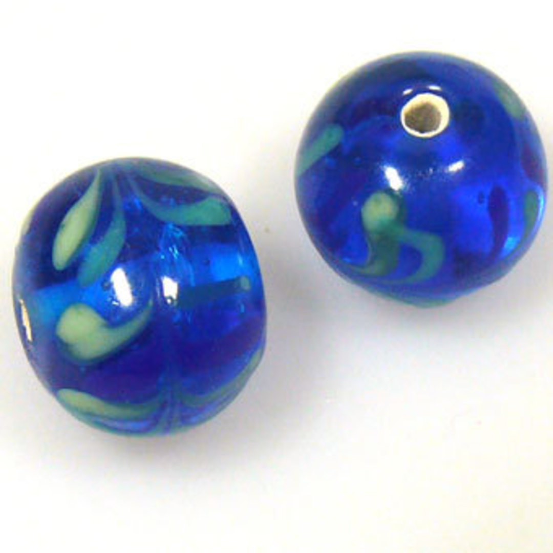 Indian Lampwork (13mm): Transparent capri blue, blue and green feathered designs image 0