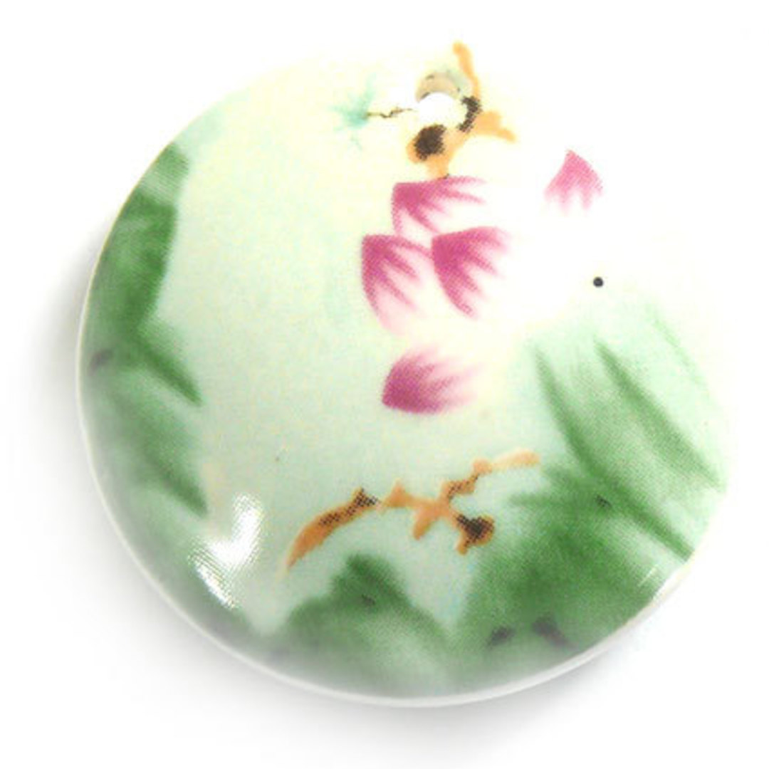Large Porcelain Disc with domed middle,  40mm, flower and bird pattern image 0