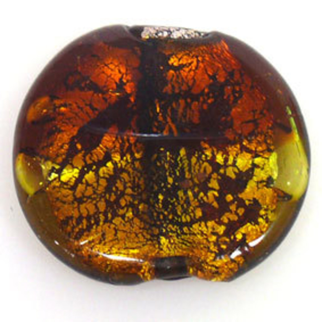 Indian Lampwork Foiled Disc: Brown/gold - approx. 36mm x 30mm (5mm thick) image 0