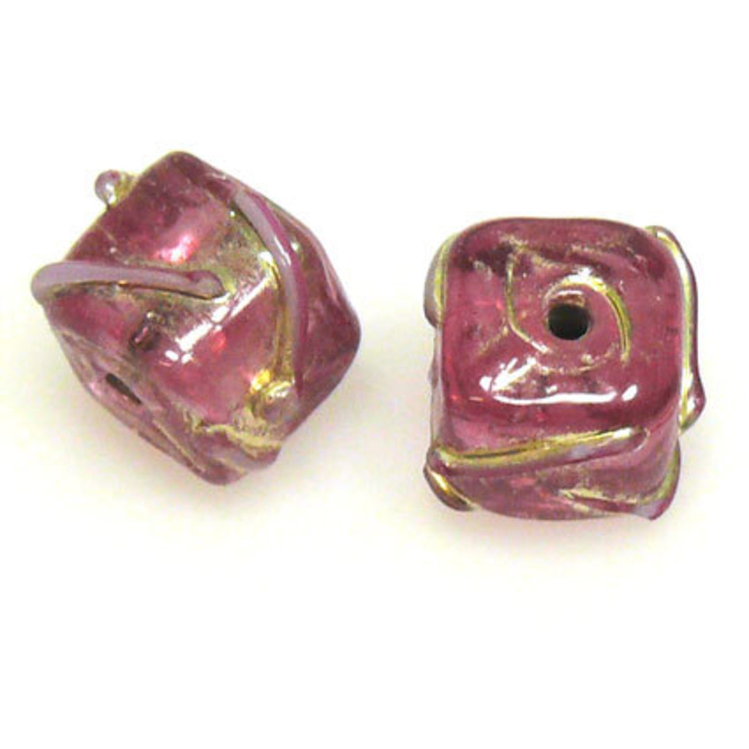 Indian Lampwork Cube (10mm): Pink, silvery markings image 0