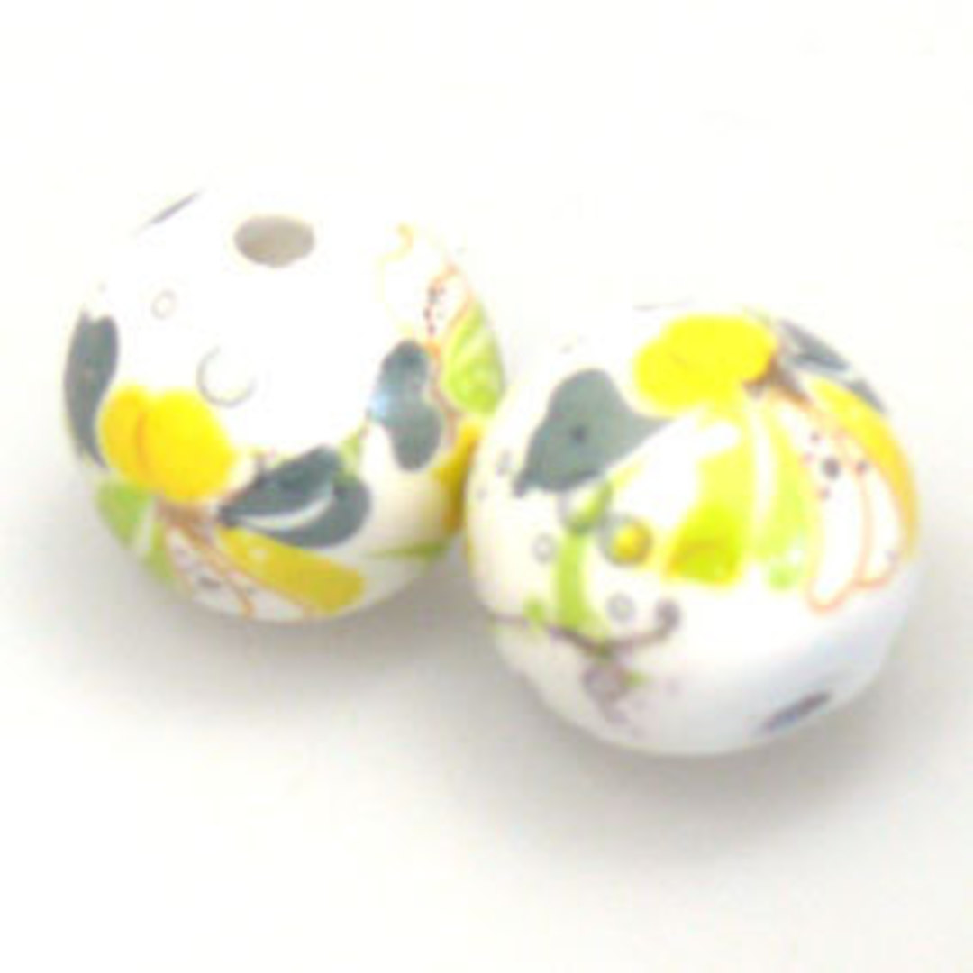 Porcelain Round Bead, 12mm. Yellow, grey, green flower and leaf pattern image 0