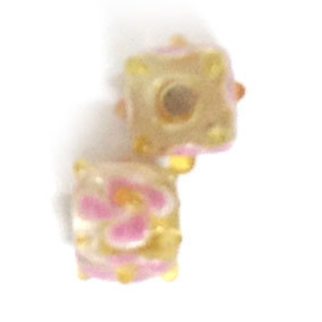 Chinese Lampwork Cube (8mm): Dull Yellow with Pink Flower image 0