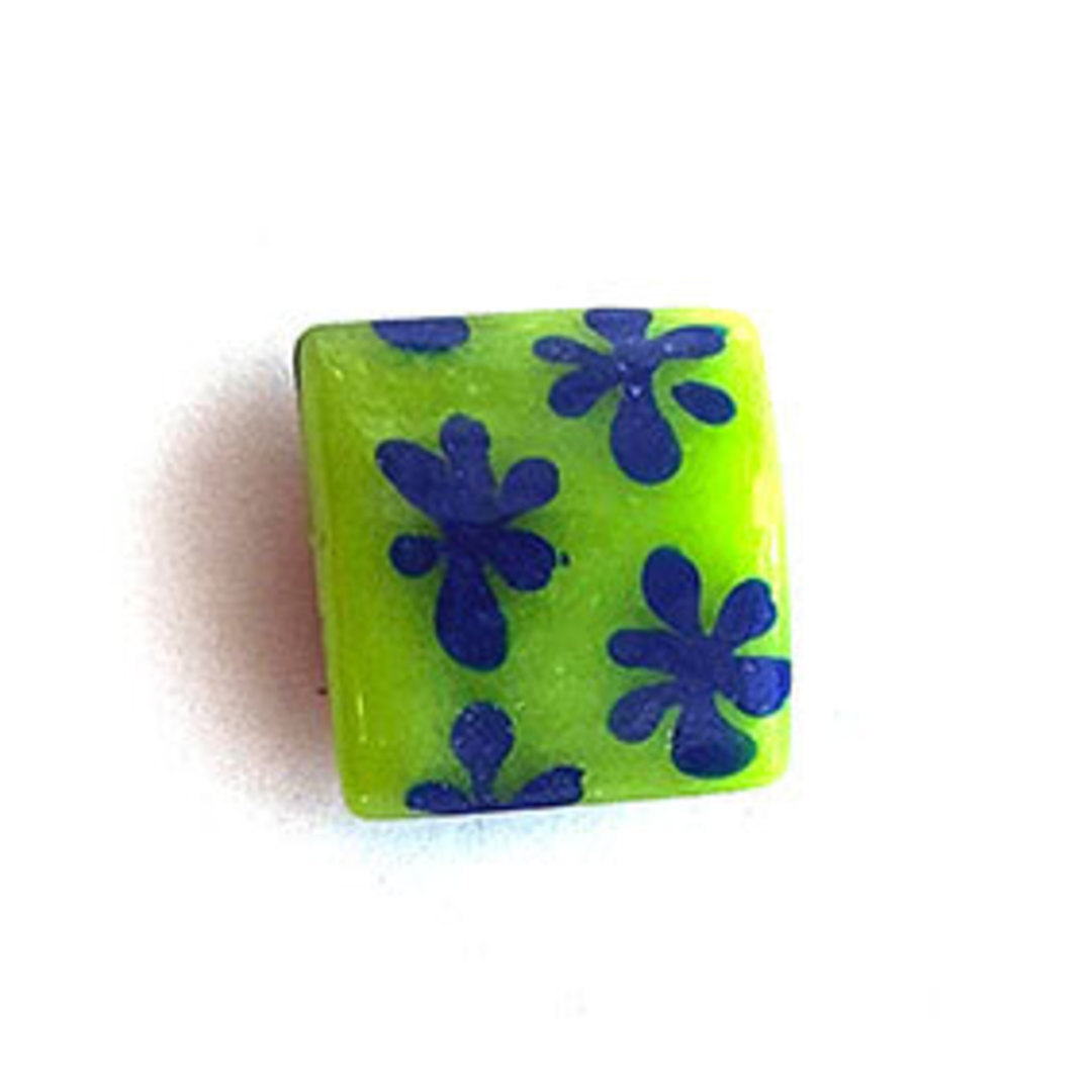 Indian Lampwork Square Cushion (16mm): Green with blue flowers image 0