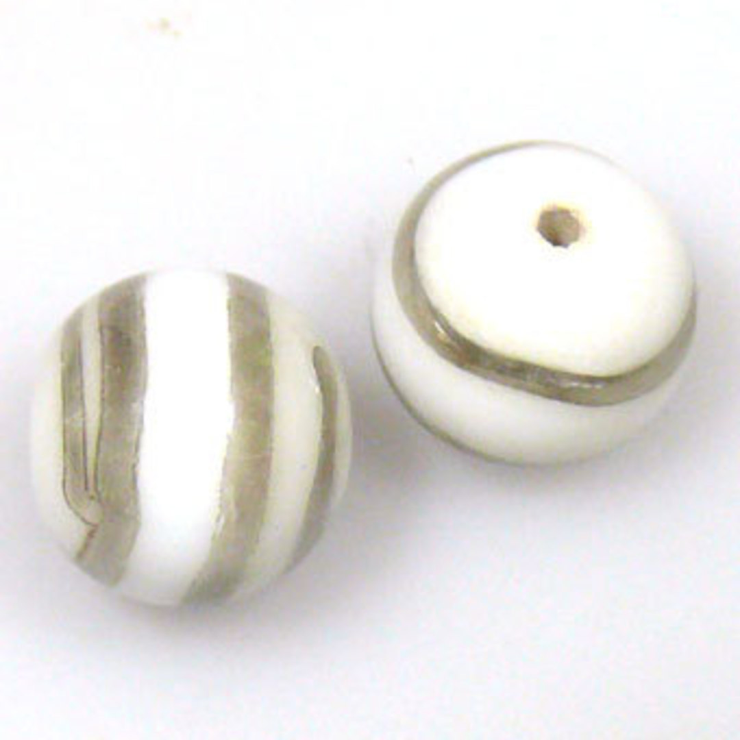 Indian Lampwork Bead (13mm): Opaque white with silvery grey lines image 0
