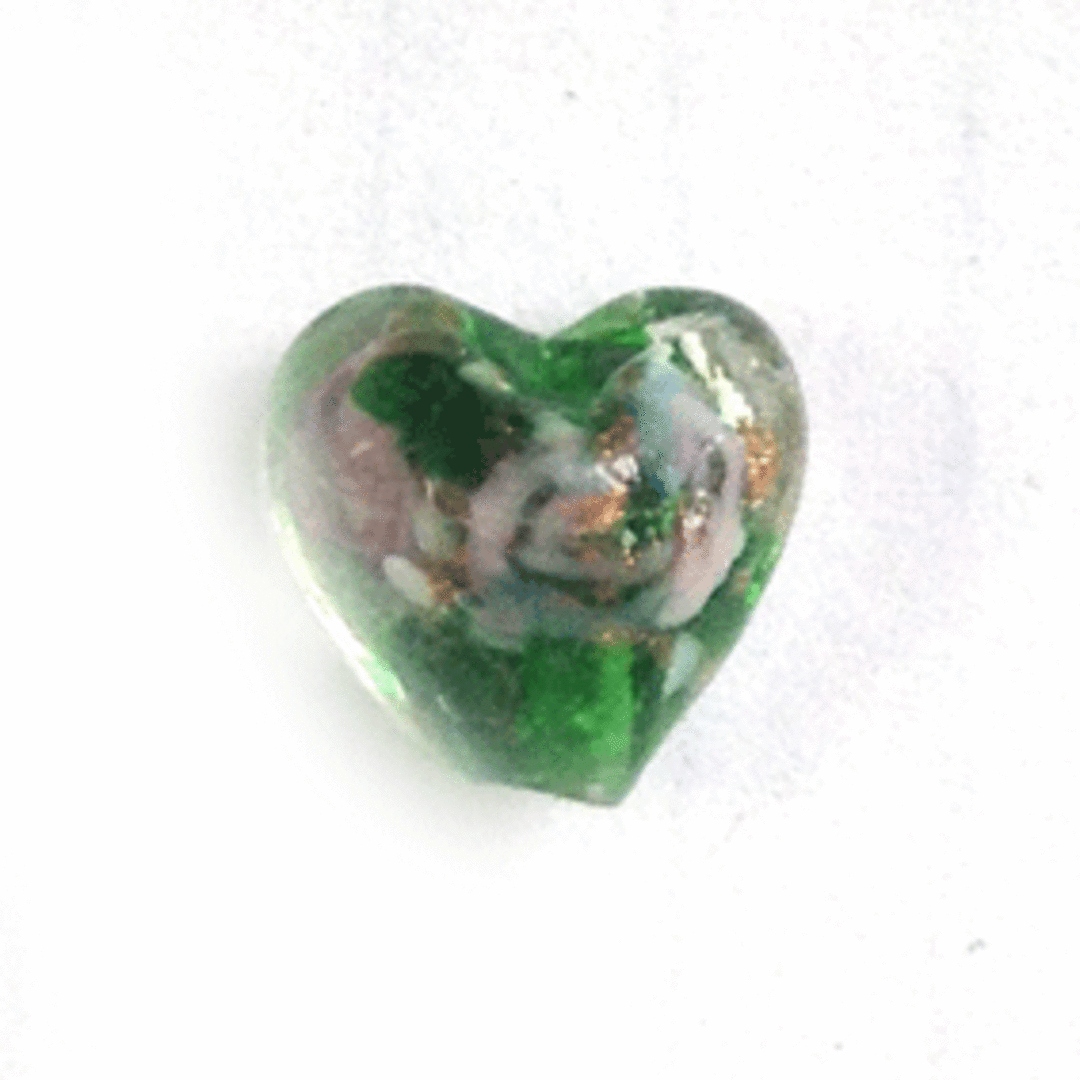 Chinese lampwork heart: 12mm - transparent green with  pink flowers image 0