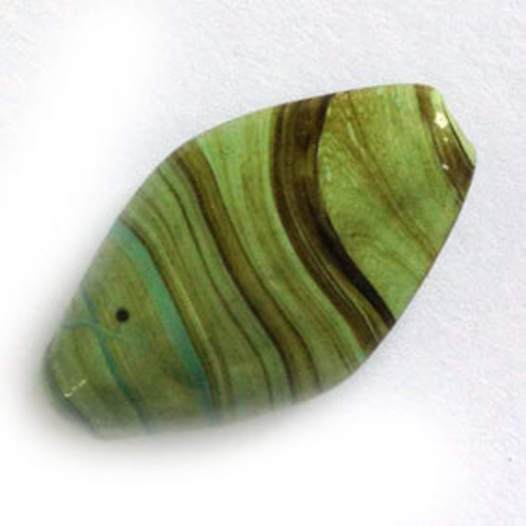 Chinese Lampwork Oval (16 x 28mm): Opaque green with brown lines image 0