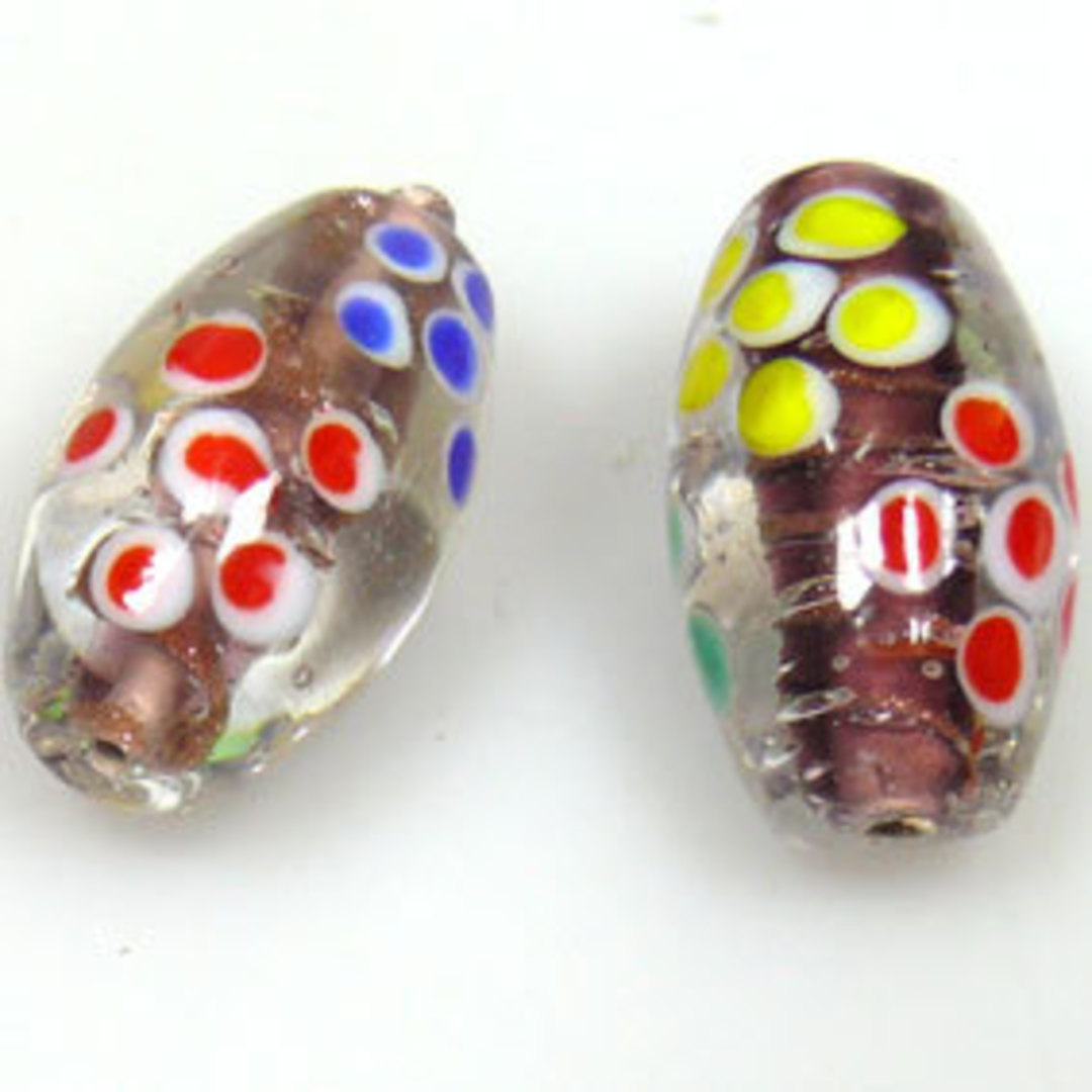 Indian Lampwork, oval, transparent with light amethyst core, red, blue, green, yellow flower pattern image 0