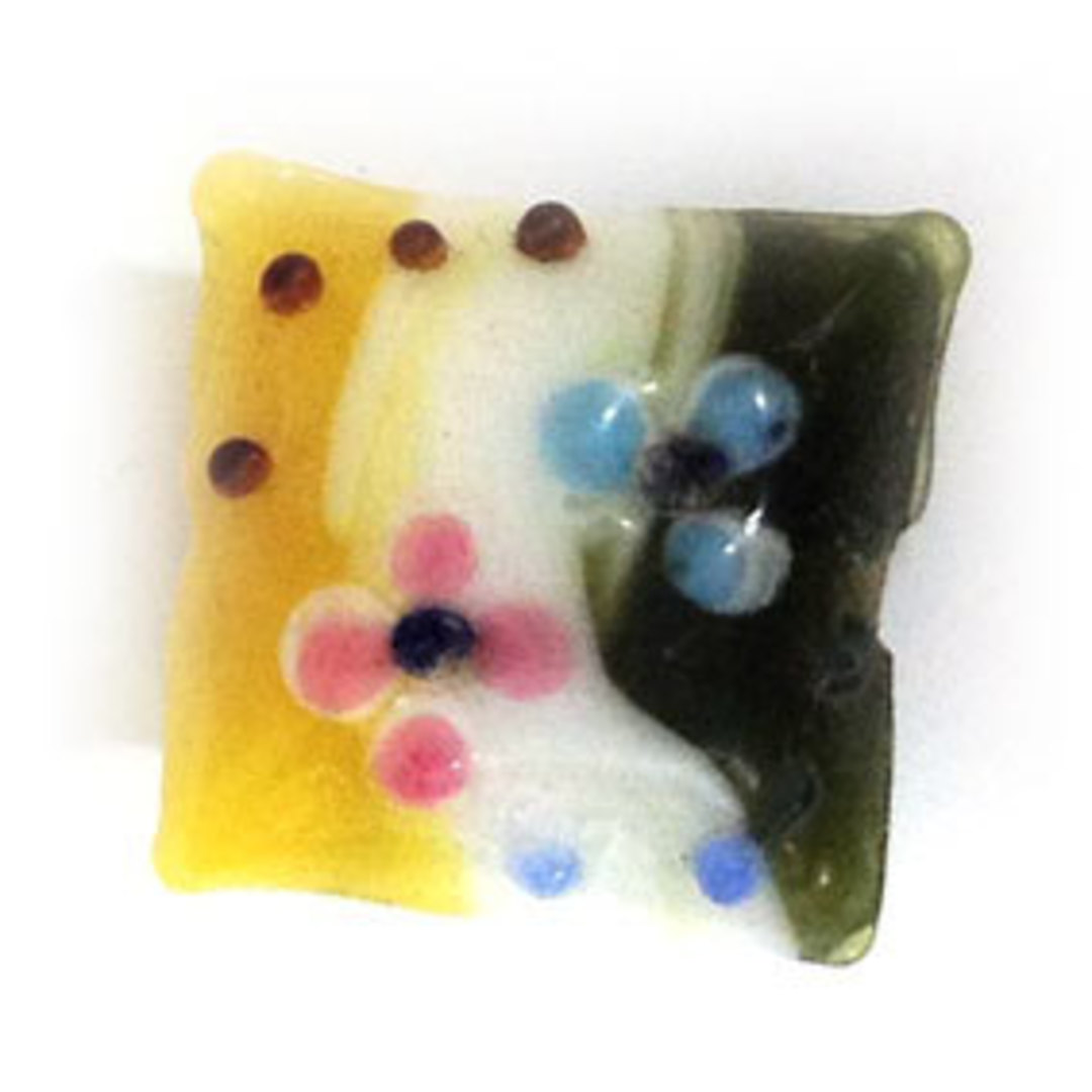 Chinese Lampwork Square Cushion (20mm): Olive/yellow/white with pink flowers image 0