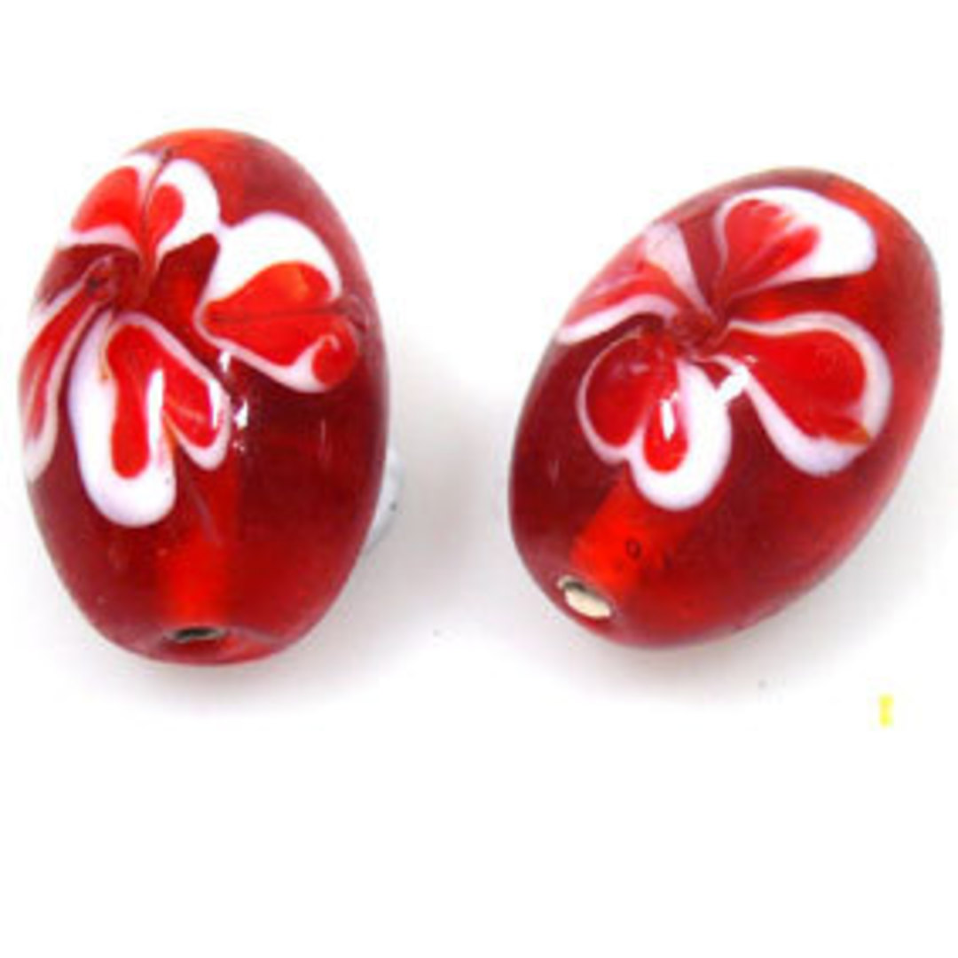 Indian Lampwork Oval (15 x 20mm): Transparent orangey red with red/white flowers image 0