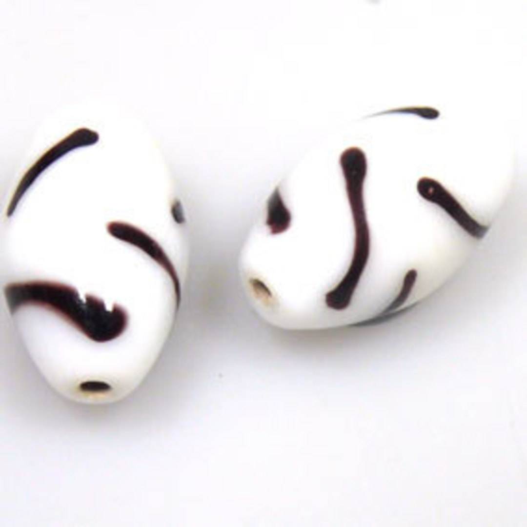 Indian Lampwork Oval (12 x 21mm): Opaque white, black markings image 0