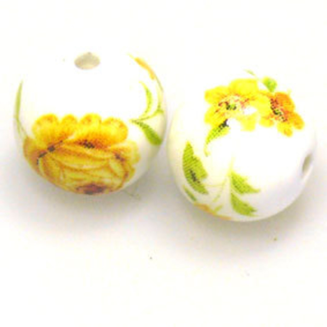 Porcelain Round Bead, 12mm. Yellow and green flower and leaf pattern. image 0