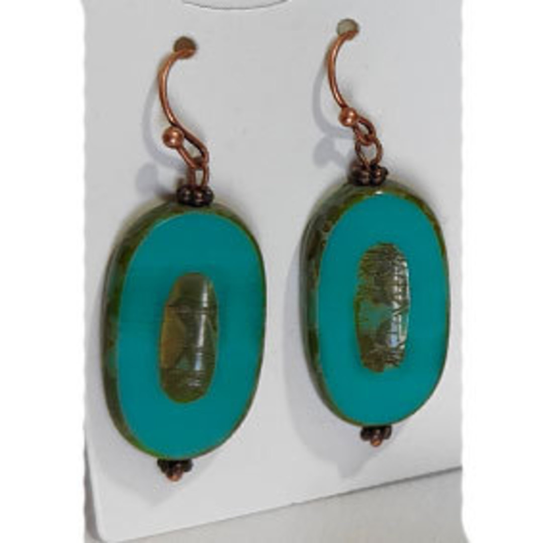 Earring 1: Czech Glass - Turquoise with copper (nickel free hooks) image 0