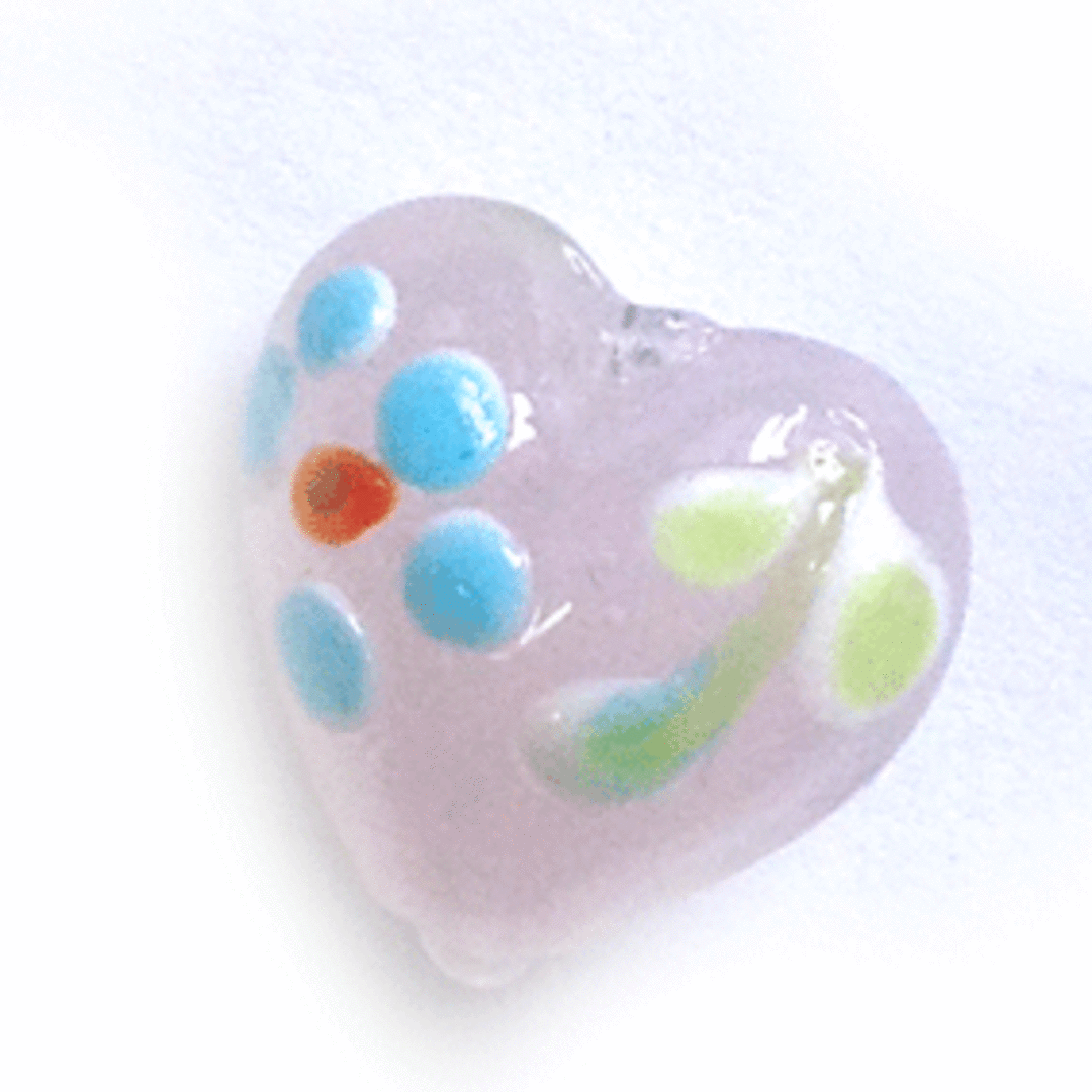Chinese lampwork heart, opaque pink with blue flower image 0