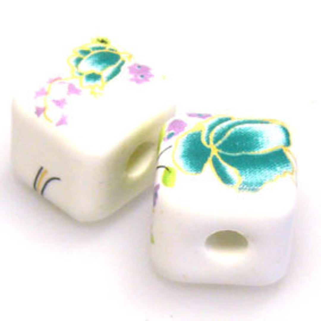 Porcelain Cube, 12mm, teal, priple and green floral image 0