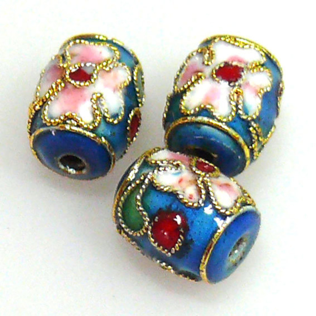 Cloisonne Bead, small barrel, 10mm x 8mm, Teal Blue with floral decoration image 0
