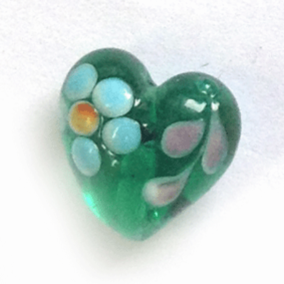 Chinese lampwork heart: 12mm - transparent teal with aqua and pink flowers image 0