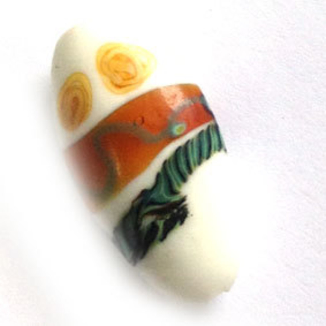 Chinese Lampwork Oval (14 x 24mm): White with tribal type markings image 0