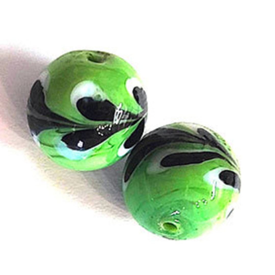 Indian Lampwork Bead (14mm): Opaque green with black feathering image 0