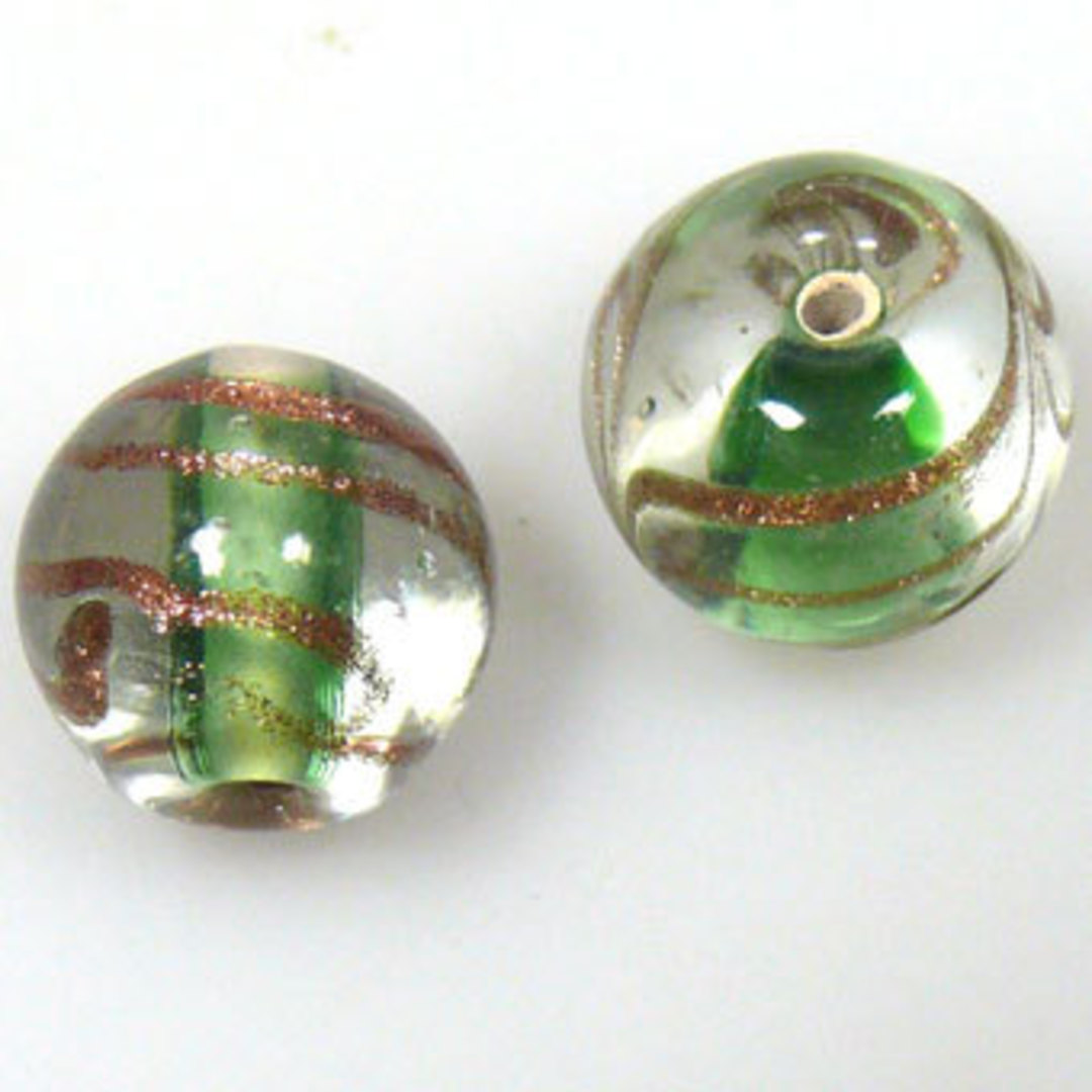 Indian Lampwork Bead (15mm): Transparent with green core, gold feathered patterns image 0