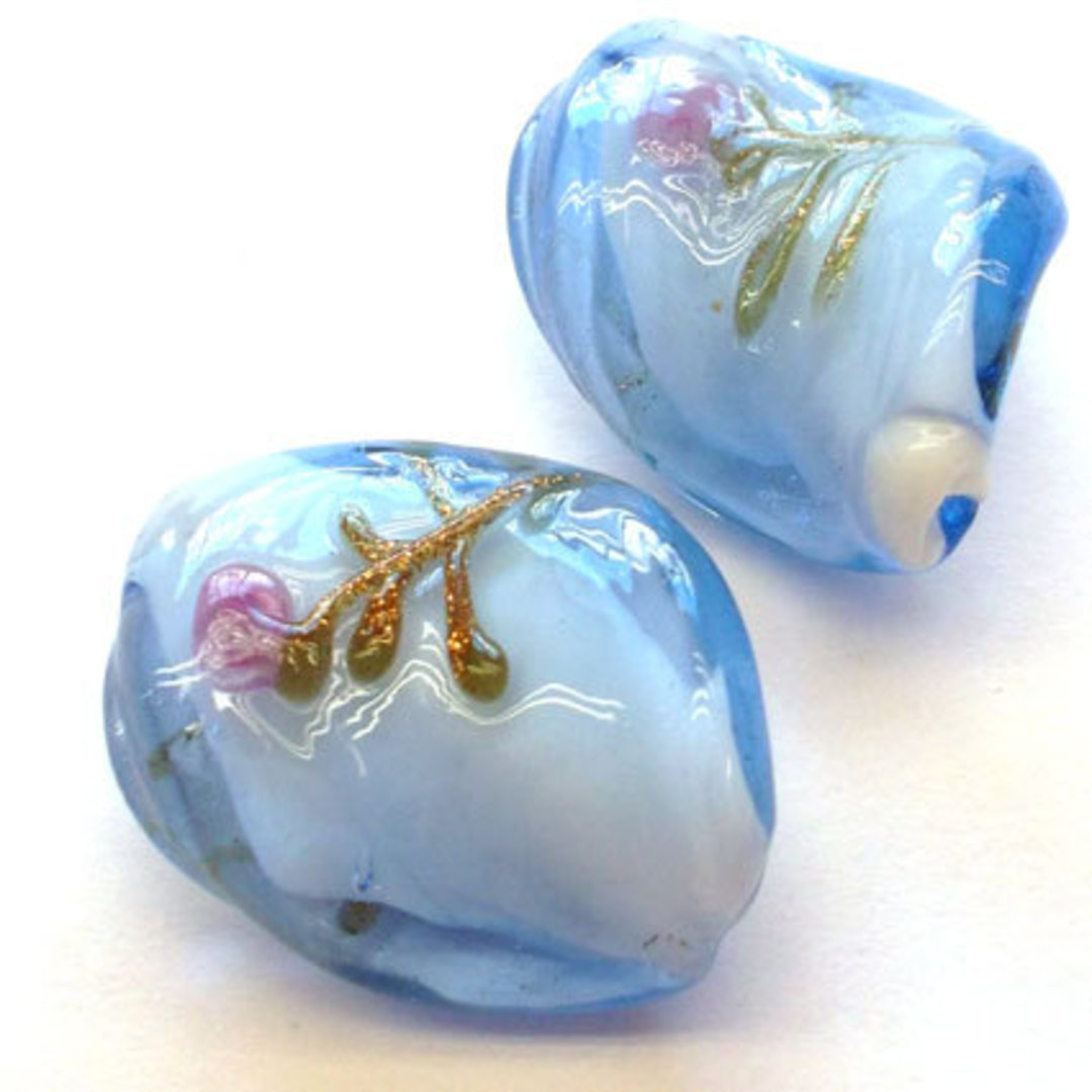 Chinese Lampwork Twist (15 x 20mm): Aqua blue with pink and gold flower image 0