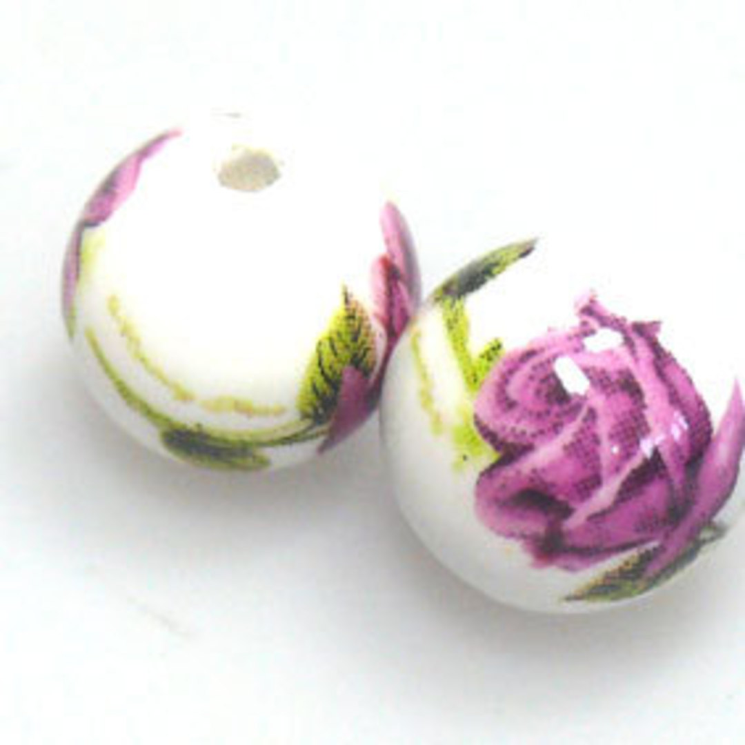 Porcelain Round Bead, 12mm. Deep pink and forest green flower and leaf pattern. image 0