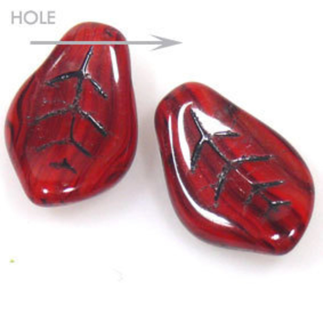 Glass Fat Curved Leaf, 9mm x 15mm - Red opaque with black lines image 0