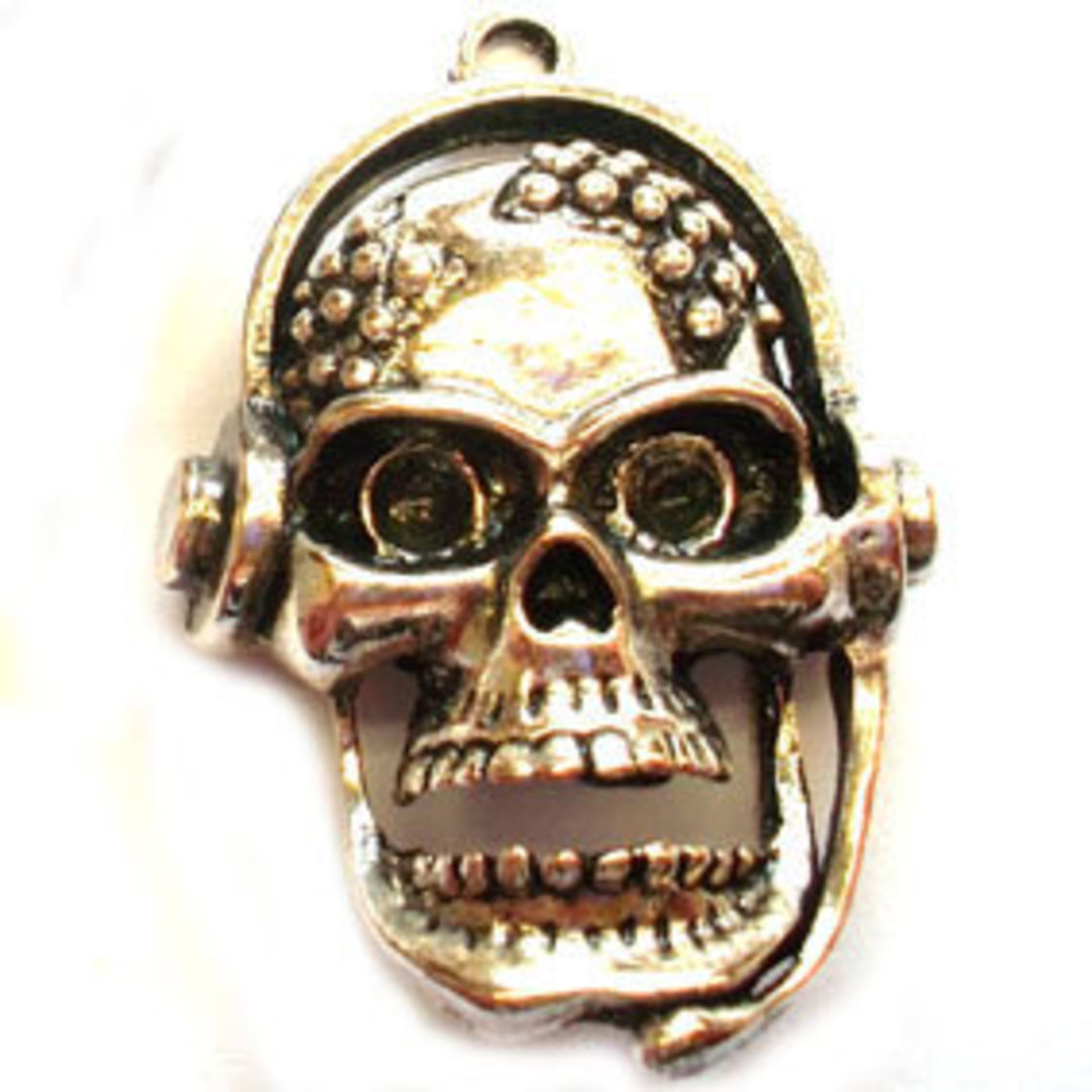 Metal Charm: Large skull with headphones - antique silver image 0
