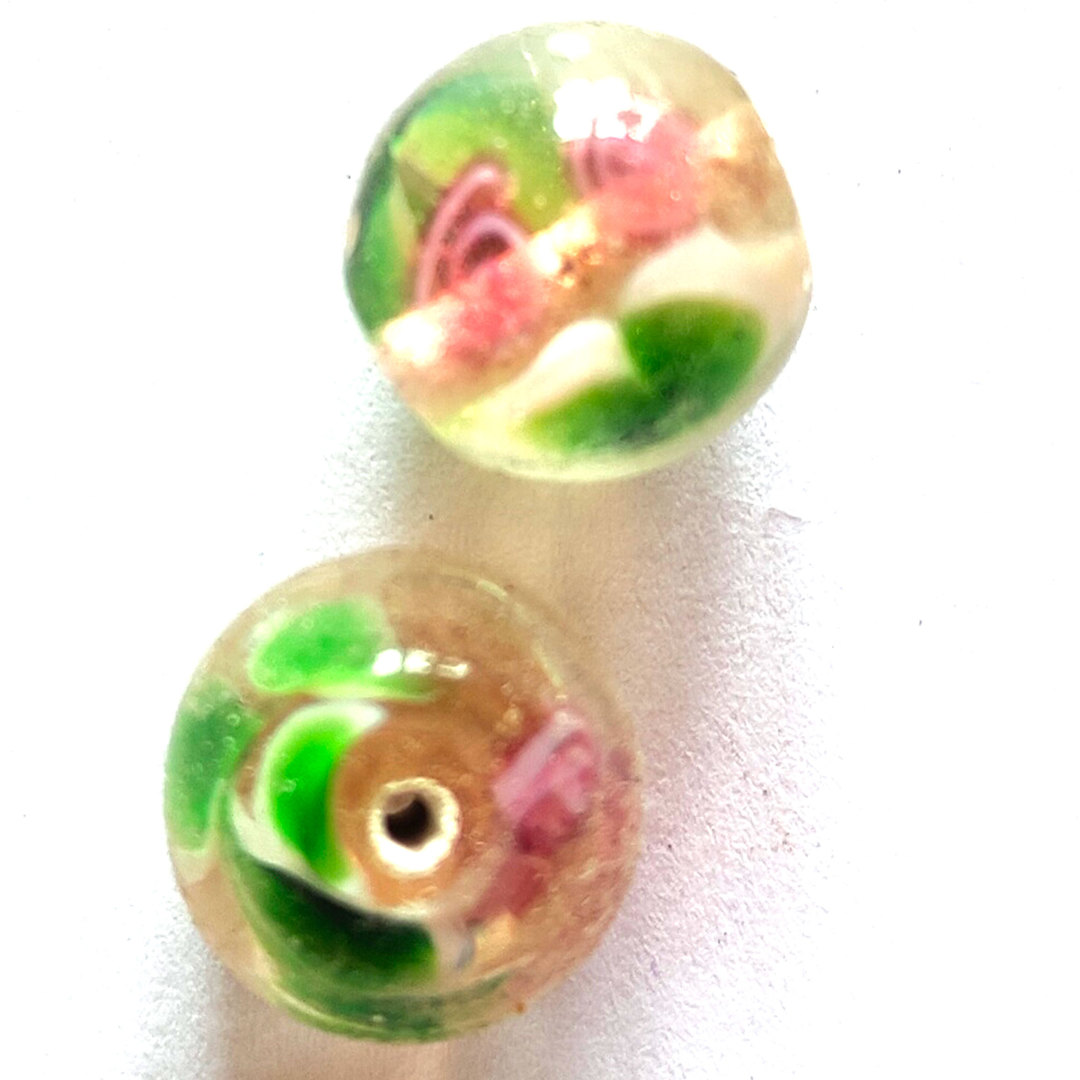 Indian Lampwork Round: Clear with pink and green flower pattern  (approx.15mm x 13mm) image 0