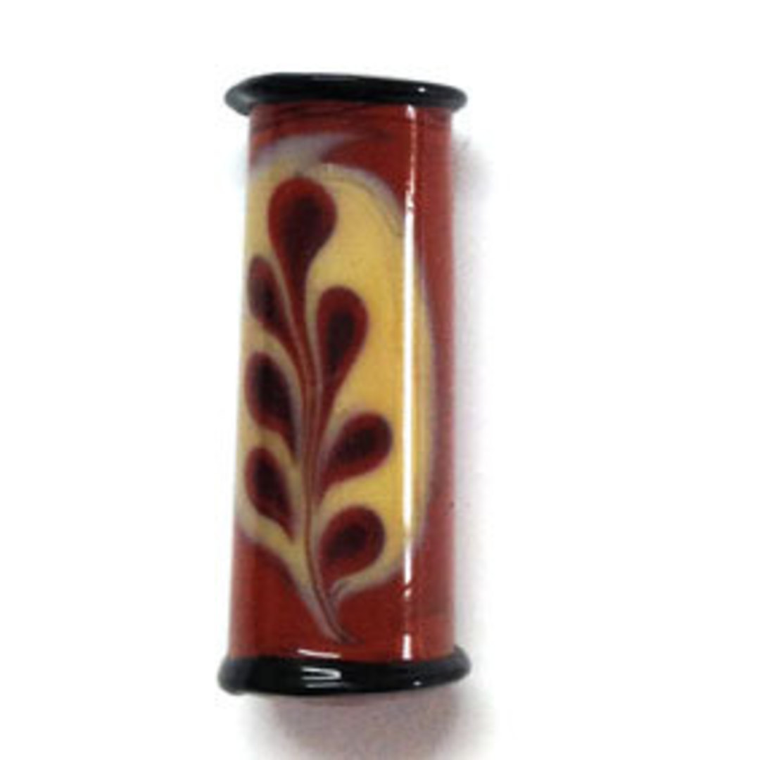 Czech Lampwork Barrel (12 x 30mm): Tan with cream feather marking (one side only) image 0