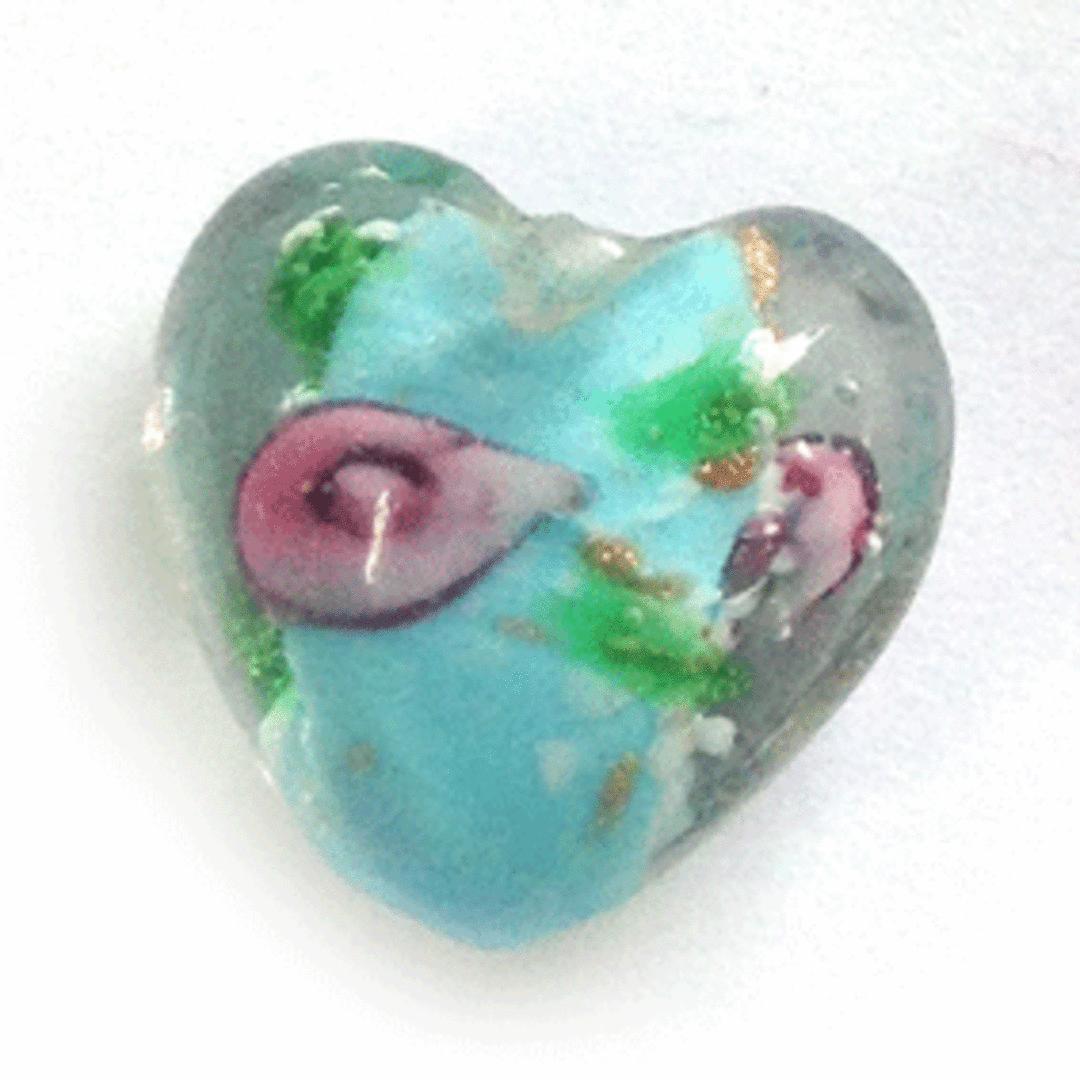 Chinese lampwork heart: 20mm - clear with aqua core and pink flowers image 0