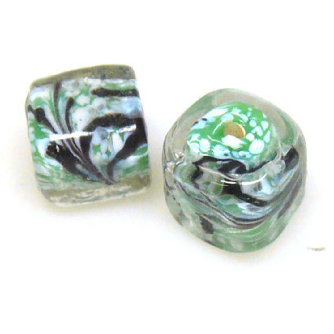 Indian Lampwork Bead (12mm): Green/White/Black/Clear Cube image 0