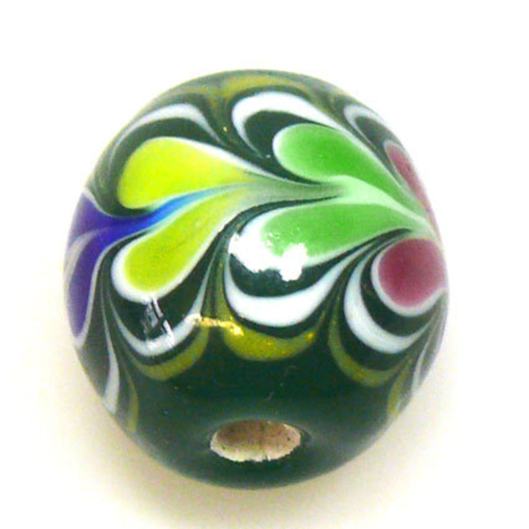 Chinese Lampwork Bead (20mm):  Green with pink, green, blue hearts image 0