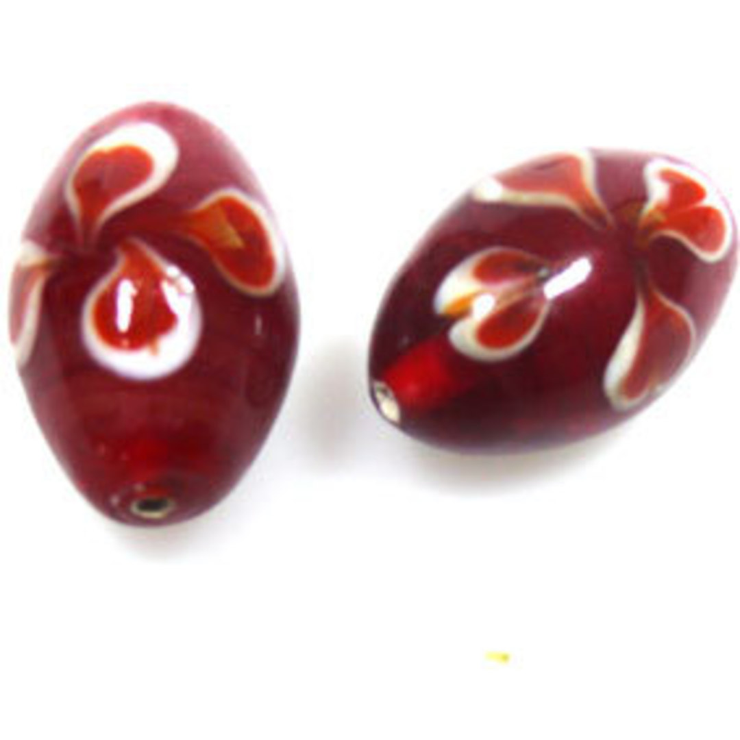 Indian Lampwork Oval (15 x 25mm): Red with orange/white flowers image 0