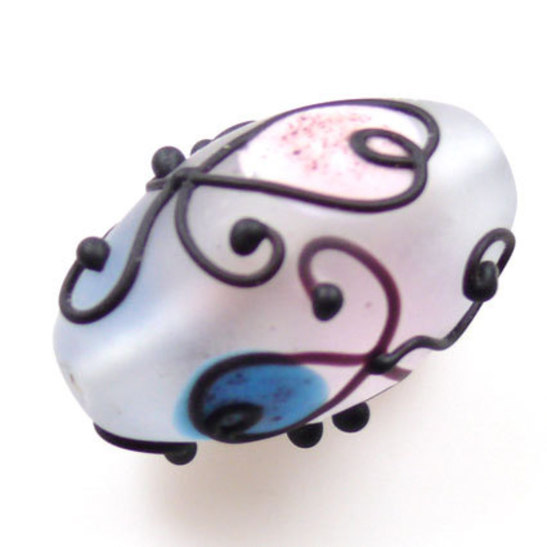 Czech Lampwork Bead: Opaque Oval - Pink, blue and black decoration (18 x 30mm) image 0