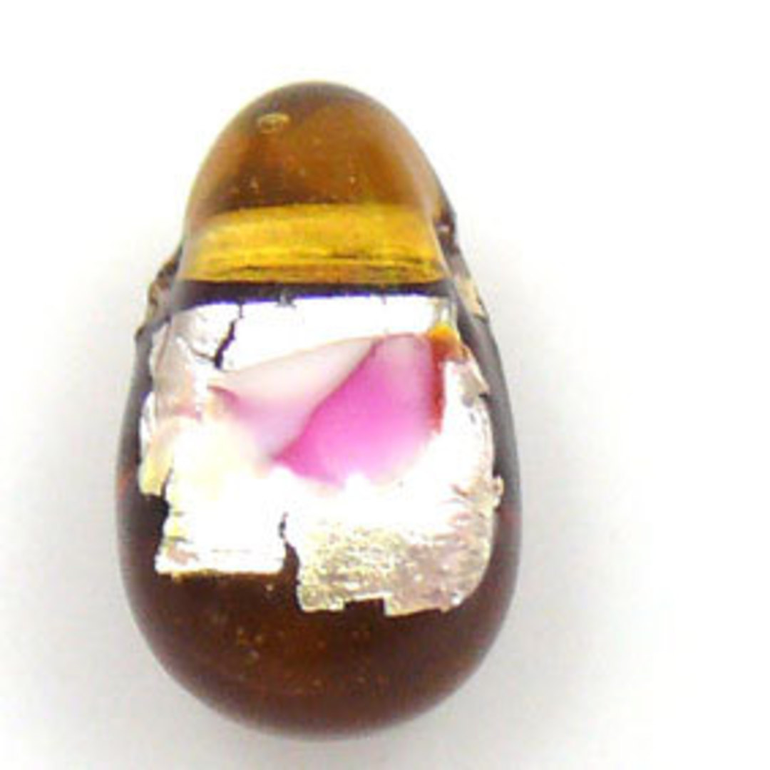Indian Lampwork Drop (8 x 13mm): Amber with silver foil flower design image 0