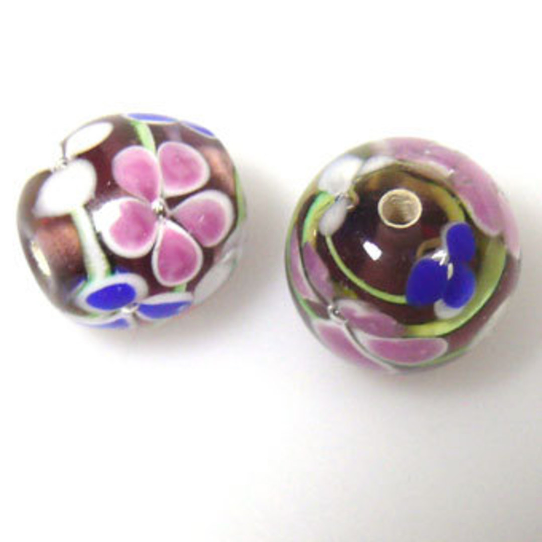 Indian Lampwork Bead (13 x 15mm): Amethyst with pink, white, blue flower pattern, green lines image 0